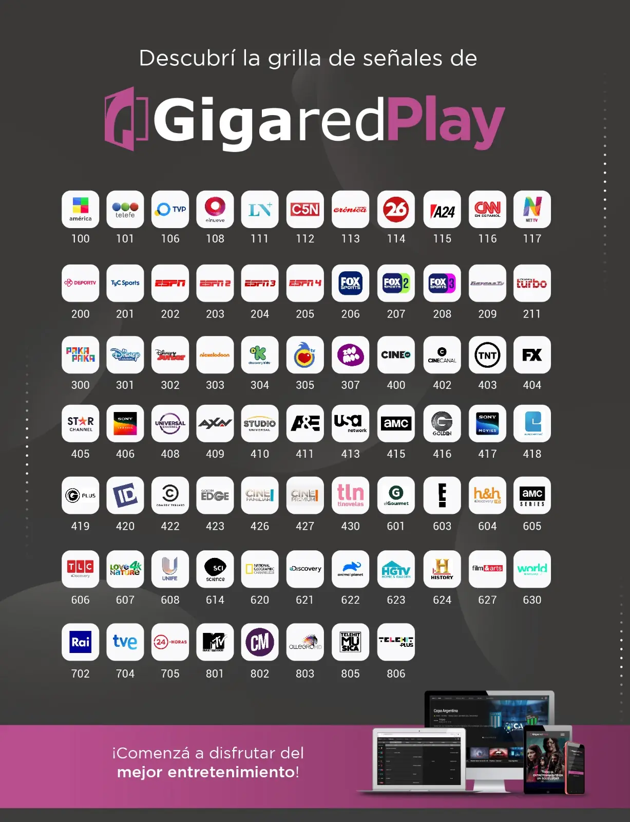 Grilla de señales de Gigared Play: más de 70 canales en vivo, con su número de canal.
